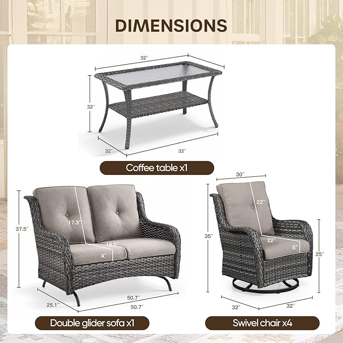 Patio Loveseat Glider Set, Resin Wicker Loveseat Glider with 2 Swivel Patio Chiars and Coffee Table, 4 Piece Patio Bistro Set Furniture Set Loveseat Set, Grey Wicker | Grey Cushions