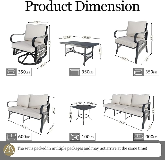 11 Pieces Patio Conversation Sets, All-Weather Metal Swivel Rocking Chairs with Rope Furniture Set, Outdoor Sofa Couch for Deck, Porch, Garden, Backyard, Poolside (Beige Cushions)