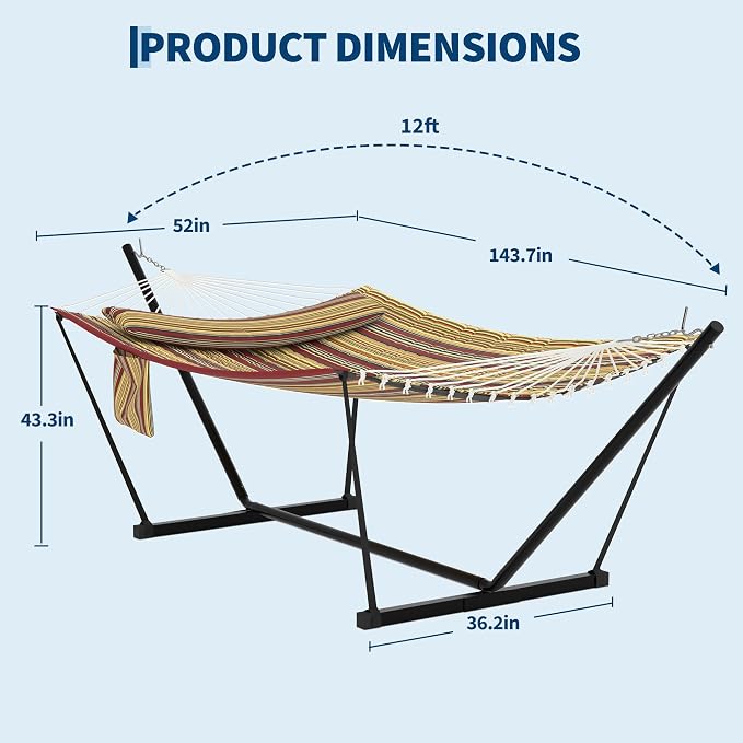 Double Hammock with Stand, Red Portable 2 Person Hammock with Curved Spreader Bar & Balance Ropes, Heavy Duty Steel Frame, Quilted Fabric Hammock Bed with Pillow for Outdoor Patio Backyard Camping