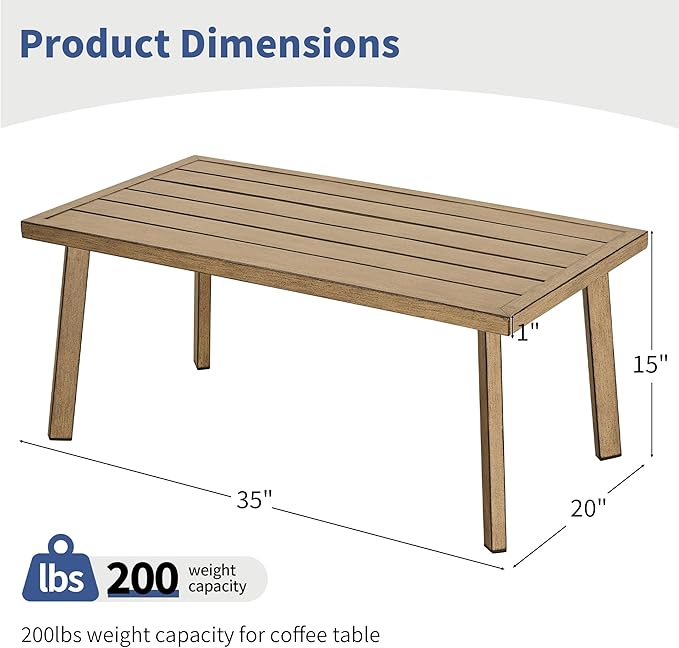 Outdoor Patio Coffee Table, Rectangle Aluminum All-Weather Side Table with Wood-Grain Texture, 200lbs Capacity, Modern Patio Furniture Sets for Garden, Backyard, Porch (Brown)
