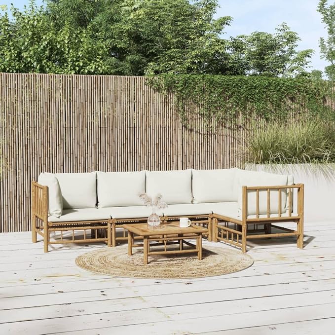 6 Piece Patio Lounge Set with Cream White Cushions, Porch Furniture Set Outdoor Dining Sets Sectional Sofa Patio Conversation Set for Piazza Poolside Garden Exhibition Bamboo