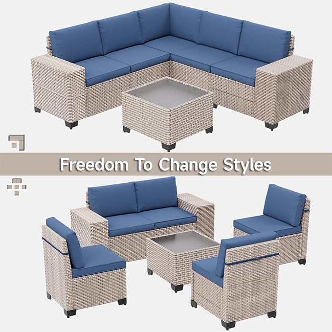 6-Piece Outdoor Patio Furniture Set, Modular Sectional Sofa Set with Glass Coffee Table and Cushions, Wicker Outdoor Couch Conversation Sets, Blue