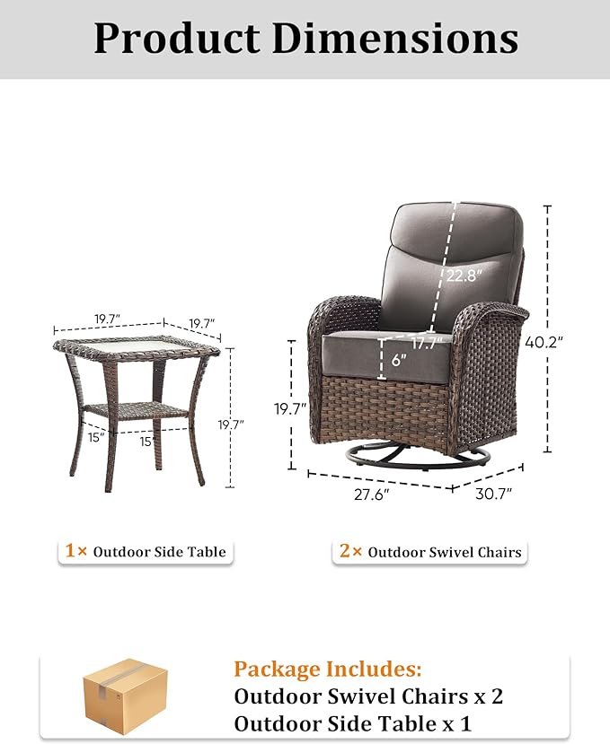 3-Piece Luxury Patio Conversation Set with 6-Inch Thick Cushions, High-Back Outdoor Swivel Rocking Chairs & Side Table, All-Weather Furniture Set for Porch, Deck, Balcony or Backyard – Gray