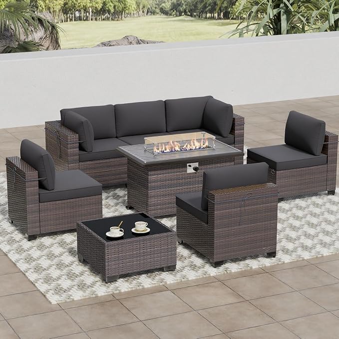 8 Pieces Outdoor Patio Furniture Sets w/55000 BTU Propane Fire Pit Table,Wicker Conversation Sofa,Includes 6 All-Weather High Back PE Rattan Seating Components w/Coffee Table&Gas Fire Pit,Gray