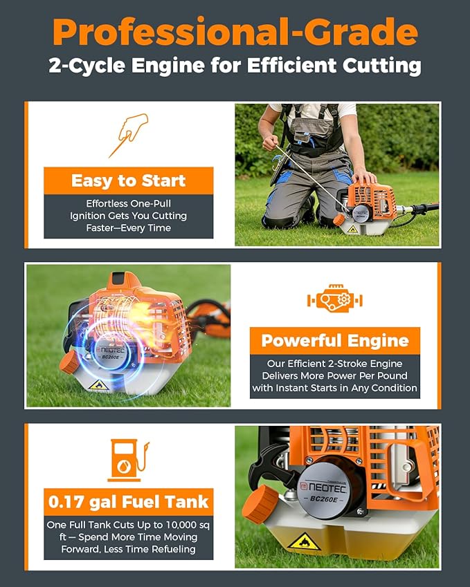NEO-TEC 4-in-1 26cc Gas Weed Eater, String Trimmer,Pole Saw,Hedge Trimmer,Brush Cutter,Multi-Function Weed Wacker for Yard Care Tool with Rubber Handle & Shoulder Strap