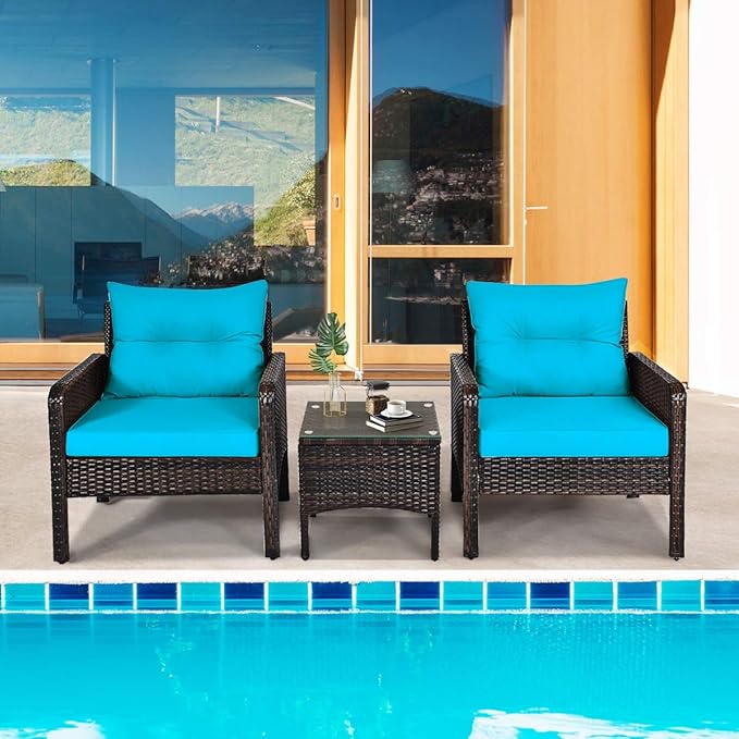 ORALNER 3-Piece Patio Conversation Set, All-Weather Wicker Sofa Chair and Coffee Table Set with Thick Cushions, Outdoor Furniture, Rattan Bistro Set for Balcony Deck Porch Poolside Garden (Turquoise)