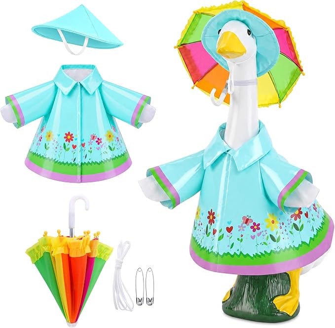 DECOHS 3 Pcs/Set Raincoat Porch Goose Outfits, Summer Lawn Goose Statue Costume with Rainbow Umbrella and Hat, Yard Geese Clothes for 23" Statue Patio Garden Decoration (Lake Blue)