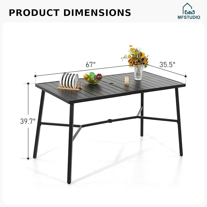 MFSTUDIO 39.8” Patio Bar Height Bar Table, Large Rectangular Heavy Duty Metal Table fot7, All Weather Resistant Outdoor Table with Umbrella Hole, Black