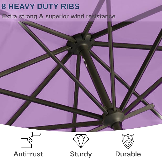 9' Solar LED Patio Umbrella with Tilt & Crank|8 Sturdy Ribs,UV Protection,Outdoor Market Table Umbrella for Deck,Lawn,Pool,Backyard(Taro Purple)