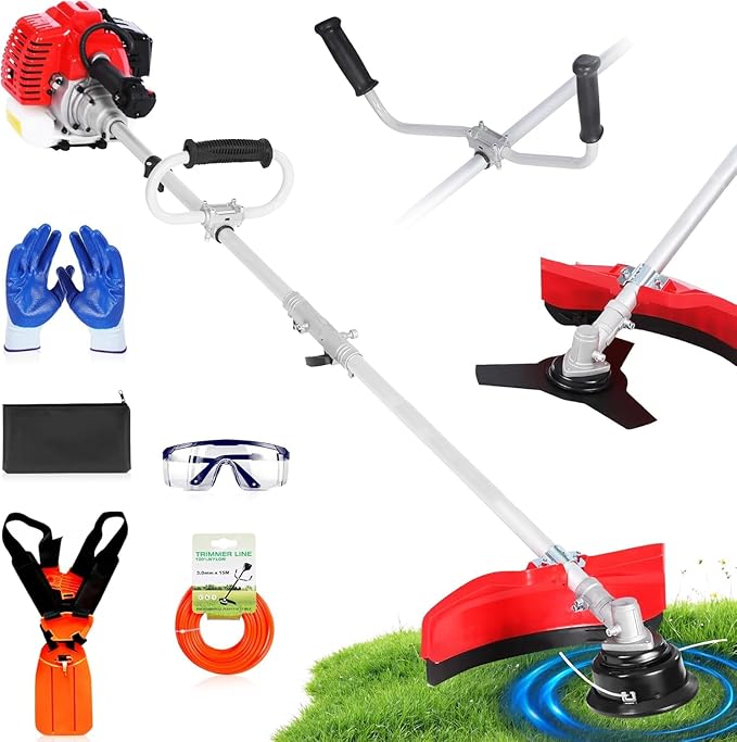 52cc Gas Weed Eater & Brush Cutter, 3-in-1 Heavy Duty String Trimmer for Overgrown Brush, Low-Vibration Weed Wacker with Detachable Shaft & Full-Crank Engine (Orange Silver)