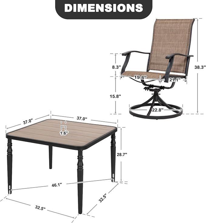 NUU GARDEN 5-Patio Piece Outdoor Dining Set,4 Textilene Swivel Chairs & 37" Square Table with Umbrella Hole and Faux Wood Tabletop, Outdoor Furniture for Porch Backyard Garden Poolside Black Brown
