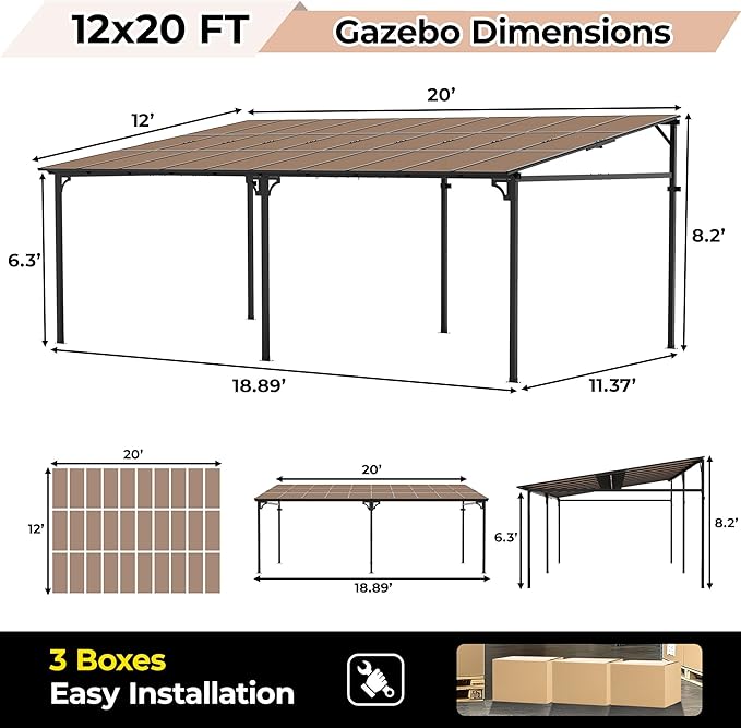 GarveeHome 12' x 20' Lean to Gazebo, Hard Top Outdoor Pergola with Roof, Gazebos Pergola on Clearance, Large Wall Mounted Heavy Duty Awnings for Patio, Backyard, Deck, Porch