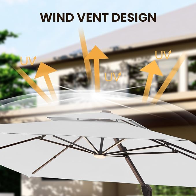 9 X 12 FT Cantilever Patio Umbrella with Led Lights Outdoor Heavy Duty Double Top Rectangle Offset Umbrellas with 360-degree Rotation for Pool Deck Backyard, Foggy Grey