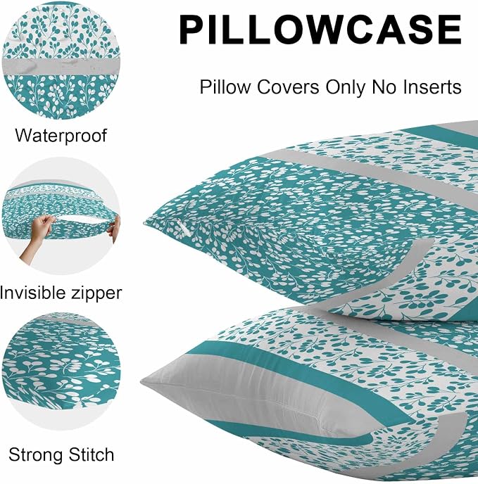 Teal Floral Outdoor Pillow Covers 24x24 Inch Throw Pillow Covers Set of 2 Waterproof Decorative Pillow Cases Botanical Blossom Motif Boho Grey Stripes Cushion Covers for Patio Furniture Garden Couch