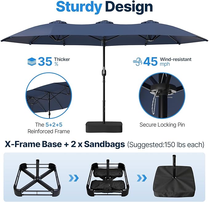 Suteck 15FT Patio Umbrella with Base Included, Double-Sided Rectangle Outdoor Large Umbrella with Crank Handle, UV & Fade Resistant Canopy for Poolside, Backyard, Deck and Market, Dark Blue
