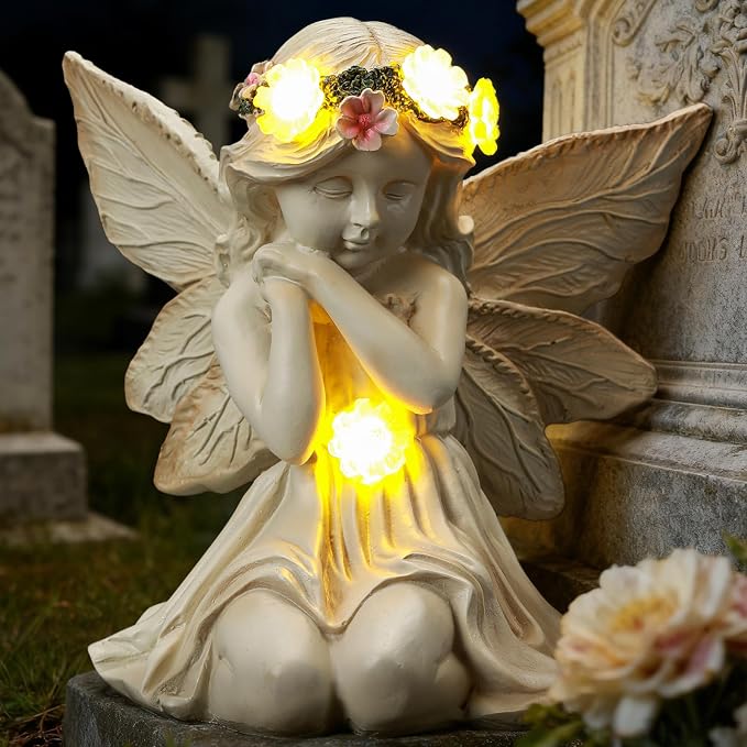Solar Angel Garden Statue Outdoor Decor for Mother's Day, Fairy Figurine with Garland Flower Light, Cemetery Decoration for Grave, Yard, Patio, House Warming Birthday Gifts for Women, Mom