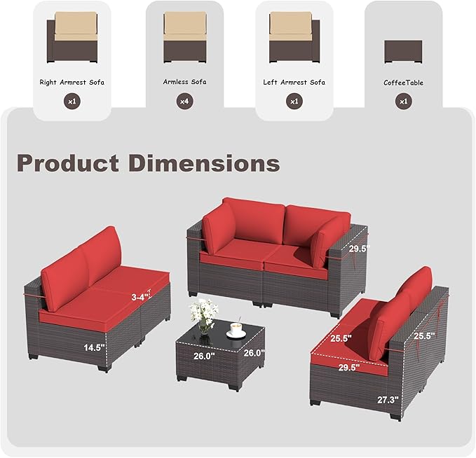 Patio Furniture Set 7PCS Outdoor Furniture for Backyard Sectional Sofa Set, Rattan Wicker Patio Conversation Set with 4 Inch Thickened Cushions and Glass Coffee Table, Red