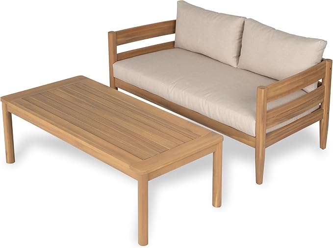 Christopher Knight Home Kory 4-Piece Acacia Wood Patio Furniture Set, Outdoor Conversation Sofa Chat Set with Club Chair and Coffee Table, Patio 4-Seater Seating Group for Backyard Balcony, Teak+Beige