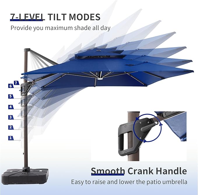 JZAC & QZYD 10X13 FT Outdoor Cantilever Patio Umbrella with Base Included and LED Lights, Large Heavy Duty 2-Tier Aluminum Offset Umbrellas with 360-Degree Rotation for Pool Deck, Navy