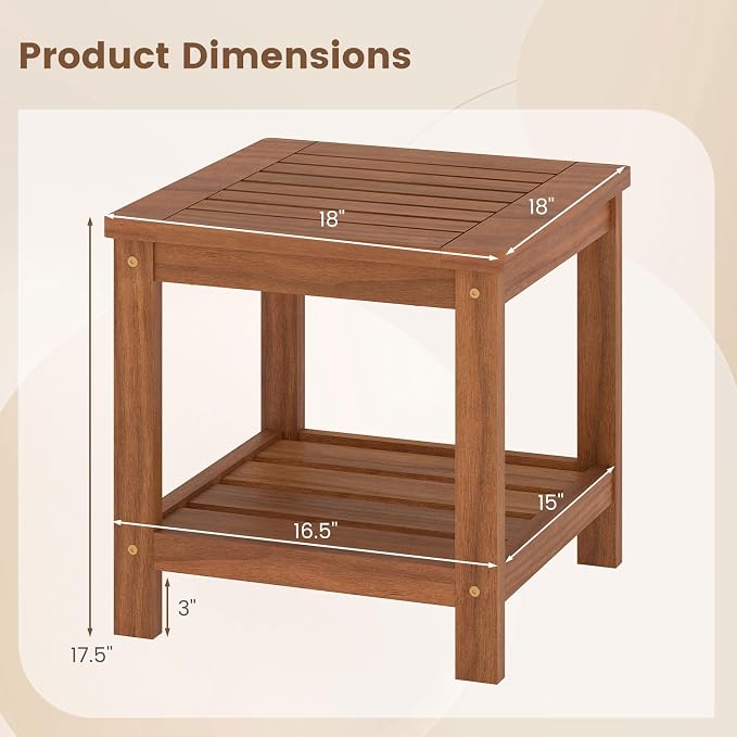 2-Tier Adirondack Side Table, Square Wood Patio End Table with Slatted Tabletop Storage Shelf, Accent Small Side Table Indoor Outdoor for Garden, Backyard, Porch & Living Room