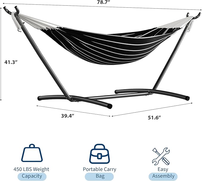 GarveeLife Double 2 Person Hammock, Indoor Outdoor Standing Hammock with Space Saving Steel Stand, Carry Bag, 450 LBS Weight Capacity, Suitable for Garden Camping Beach, Onyx