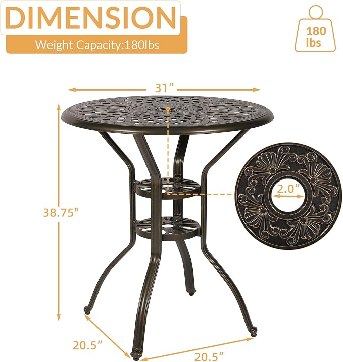 Cast Aluminum Patio Bar Table, 31" Outdoor Bar Height Bistro Table with 2" Umbrella Hole, Patio Bistro Round High Top Dining Table Pub Table for Porch Balcony Backyard, Dark Bronze