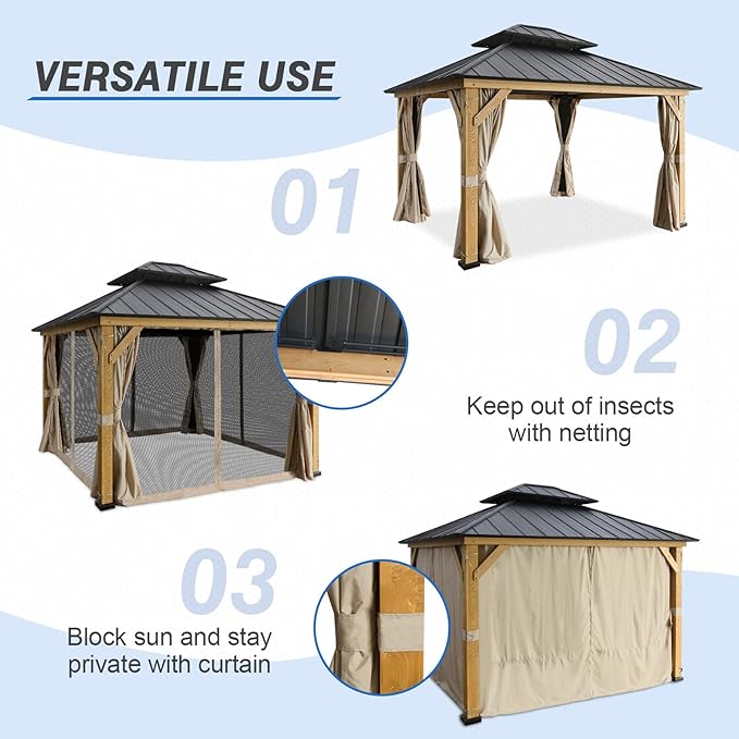 EAGLE PEAK 11x13 Hardtop Gazebo, Galvanized Steel Double Roof Gazebo with Cedar Wood Frame, Outdoor Pavilion with Netting and Curtains for Patio, Deck. Lawn and Garden, Natural Wood/Black