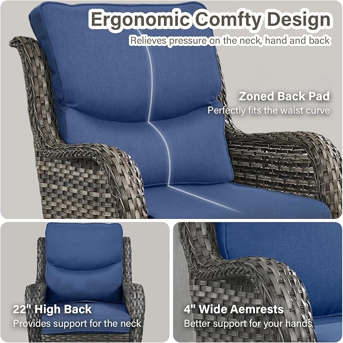Outdoor Swivel Rocker Patio Chairs Set of 4 with Ottoman Coffee Table - 5" Thick Cushion 8 Piece Furniture Set All Weather Comfortable Wicker Conversation Set for Porch Deck - Gray/Blue