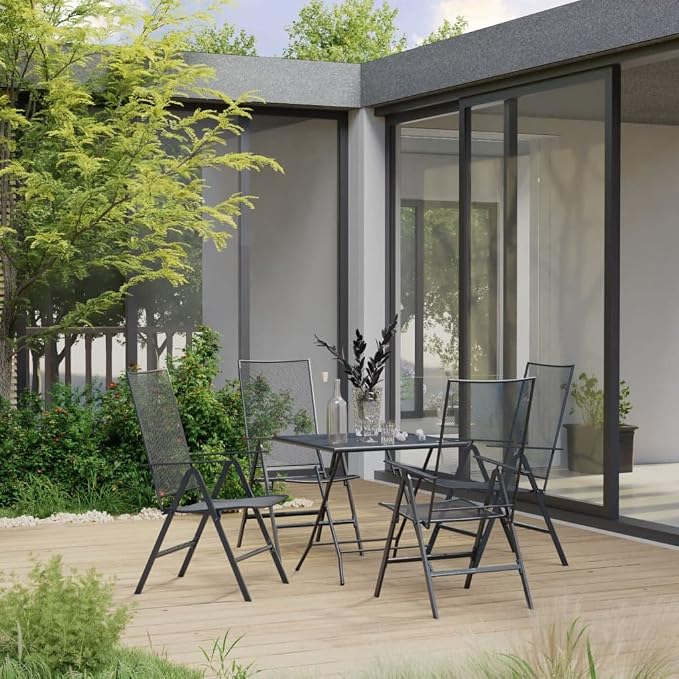 5 Piece Patio Dining Set Steel Anthracite Outdoor Furniture Table and 4 Reclining Chairs with Mesh Design Weather Resistant for Garden Backyard Balcony Patio Use Adjustable Foldable Space Saving