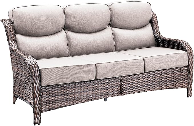 71'' Patio Couch Outdoor Wicker Sofa, Heavy Duty All-Weather Rattan 3-Seater Sofa with Deep Seating and Removable Cover, Outdoor Patio Furniture for Deck Porch Sunroom Backyard Brown/Beige