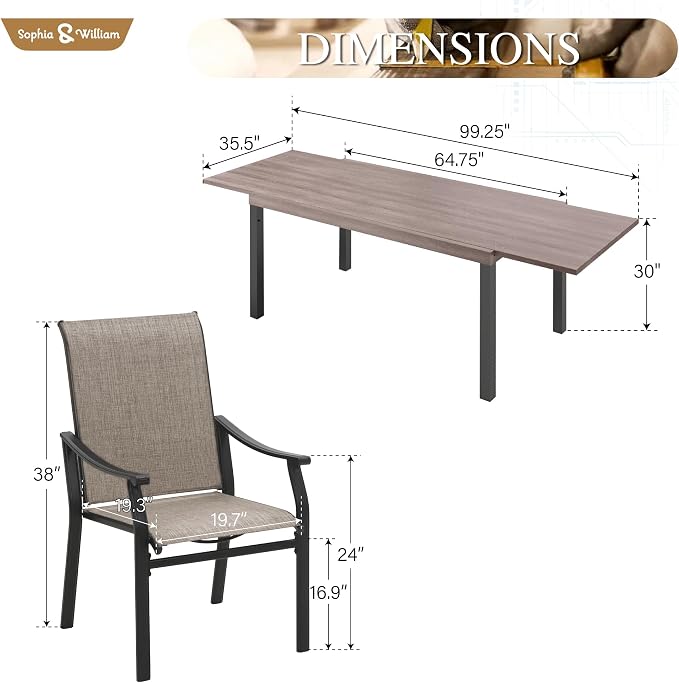 Sophia & William Patio Dining Set for 8, Quick Dry Textilene Chairs and Expandable Wood-Like Table for 6-8, Durable All-Weather Patio Furniture for Lawn, Park, and Courtyard Support 350lbs