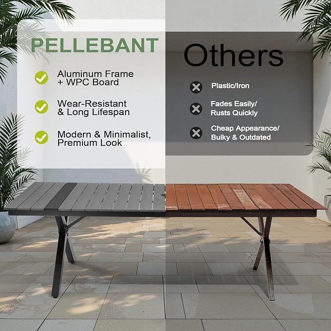 Pellebant 118" Outdoor Dining Table for 8-12, 10ft Aluminum Patio Table with Umbrella Hole, Weather Resistant Grey Wood Grain Tabletop and Sturdy Frame for Deck, Porch, Backyard