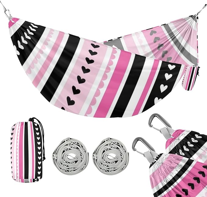 Black and Pink Valentine Heart Stripes 330lb Capacity Hammocks with Tree Straps Hanging Hammock for Outside Beach Patio Garden macas mexicanas de Patio para Adulto