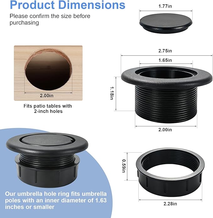 Daxolanz Outdoor Patio Table Umbrella Hole Ring Plug and Cap Set, 2" Parasol Umbrella Hole Cover Insert Replacement for Patio Table, Deck, Garden, Camping