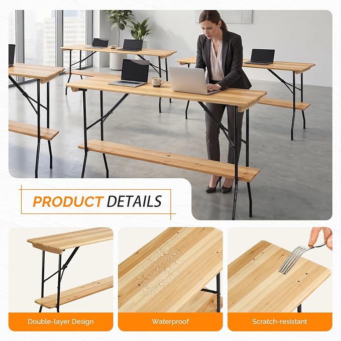 VINGLI 70-Inch 2-Tier Wooden Folding Table, Folding Picnic Table with Sturdy Metal Frame, Lower Tabletop Removable for Easy Use,Perfect for Picnics, BBQs, Parties, Bars, and Camping