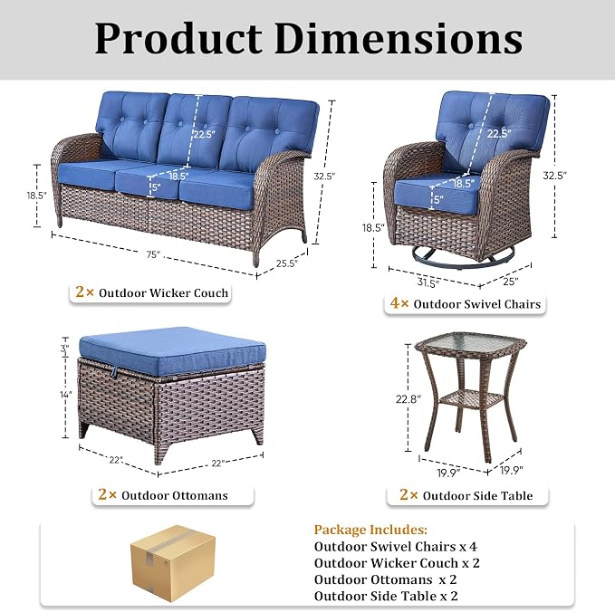 10-Piece Wicker Patio Furniture Set with 5-Inch Thick Cushions Weather Resistant Rattan High Back Swivel Rocker Chairs Senior Friendly Conversation Set for Small Porch Deck Sunroom Brown/Blue