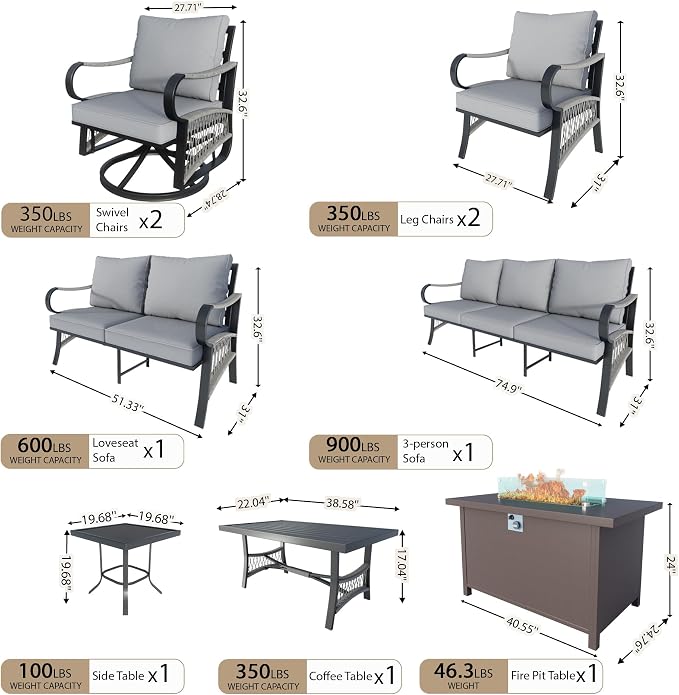 9 Pieces Patio Conversation Sets, All Weather Metal Outdoor Furniture Set 3-Seater 2 Swivel Rockers with Side Table 2 Single Chairs 1 Loveseat with Coffee Table and Fire Pit Table, Gray