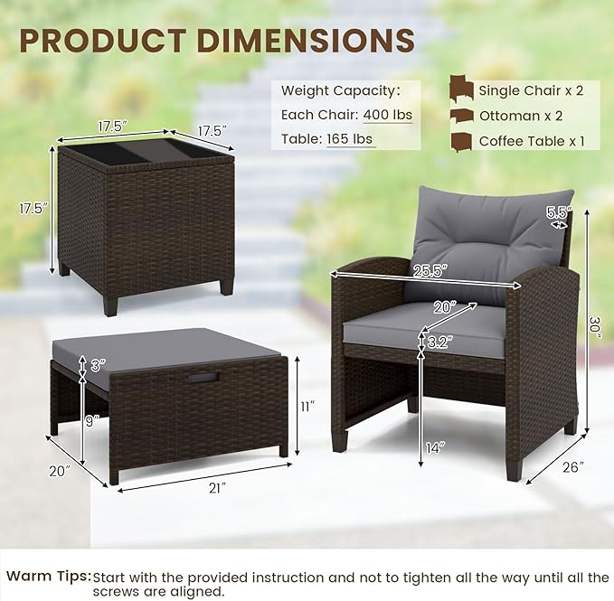 ORALNER 5 Pieces Patio Furniture Set with Ottoman, Wicker Conversation Set w/Cushions, Glass Coffee Table, Outdoor Rattan Lounger Chairs Bistro Set for Porch Balcony Garden Deck Poolside (Gray)