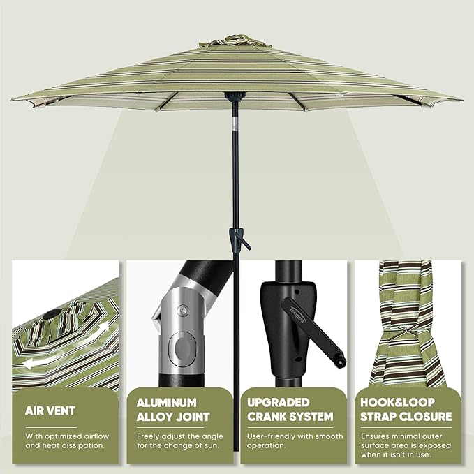 Tempera Patio Market Outdoor Table Umbrella with Push Button Tilt and Crank, Large Sun Umbrella with Sturdy Pole & Fade Resistant Canopy, Easy to Set