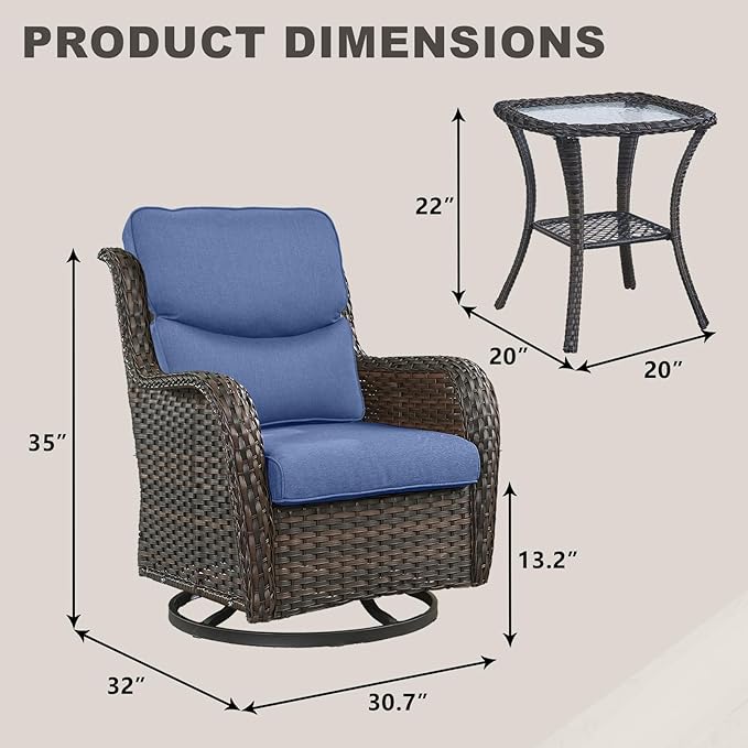 Rilyson Wicker Rocking Chair Swivel Chairs - 3 Piece Rocker Patio Furniture Set Rattan Rocking Bistro Sets with Glass Top Side Table for Outdoor Porch Deck Garden Backyard (Brown/Blue/Smile)