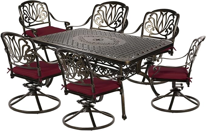 MEETWARM 7-Piece Outdoor Patio Dining Set, All-Weather Cast Aluminum Patio Conversation Set for Backyard Garden Deck with 6 Cushioned Swivel Rocker Chairs, 1 Rectangular Table, Chili Red