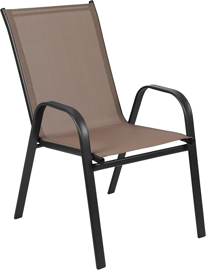 Merrick Lane Bardwell 7-Piece Outdoor Dining Table Set for 6, Glass Top Table with Hole for Umbrella, 6 Breathable Textilene Stackable Patio Chairs, Brown/Black