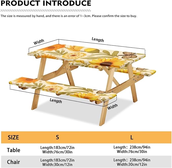 Yellow Floral Picnic Table Cover with Bench Covers Camping Essentials Outdoor Table and Chairs Decorative Sets Flexible Picnic Table 3 Piece Set Suitable for BBQ Picnic Party Camping