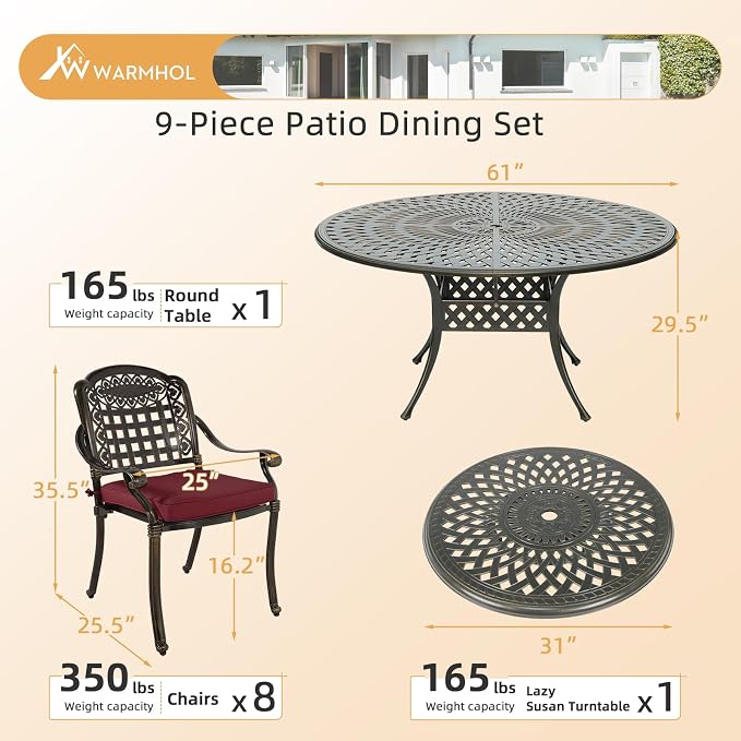 9-Piece Patio Furniture Dining Set, All Weather Cast Aluminum Outdoor Conversation Set- 61" Round Patio Dining Table with Detachable Lazy Susan & 8 Chairs, 2" Umbrella Hole, Chili Red