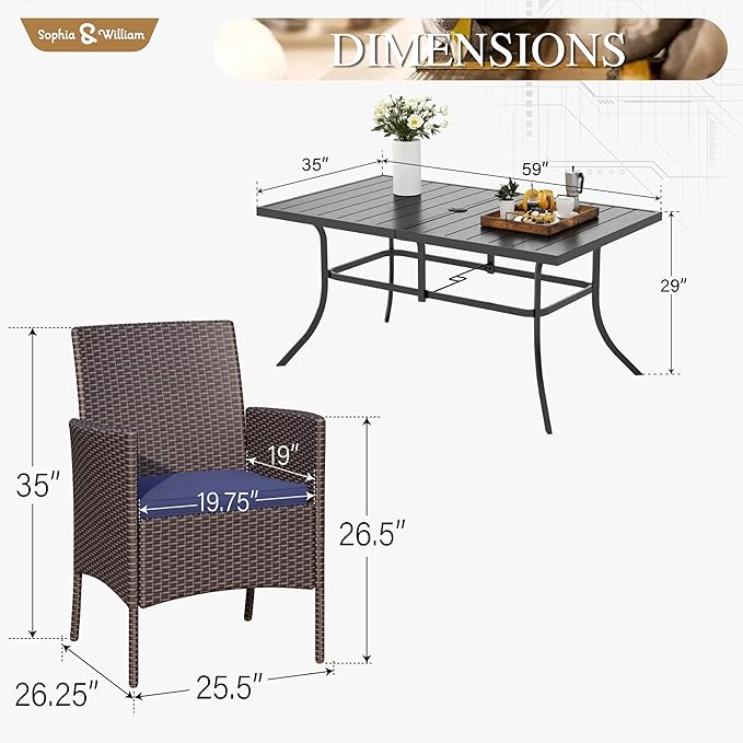 Sophia & William 7 Pieces Patio Dining Set for 6 People, Rectangular Patio Table and Rattan Chairs Set, Metal Outdoor Table and Wicker Chairs Outdoor, 1.57"-1.9" Adjustable Umbrella Hole