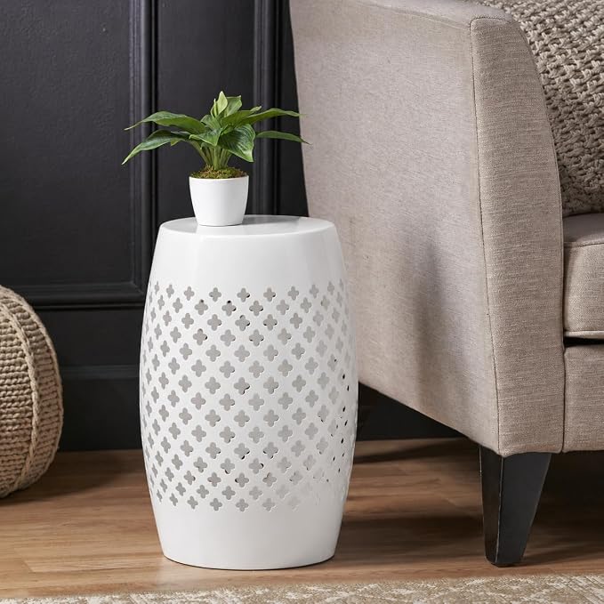 12" Outdoor Side Table, Decorative Cutout Metal Round Side Table, Multi Functional - Coffee Table, Night Stand, Plant Stand for Patio, Garden, Backyard, Gazebo Indoor (White)