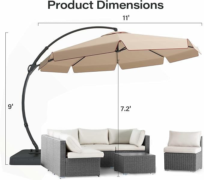 EO Living 11FT Cantilever Patio Umbrella with Base, 360° Rotation Offset Outdoor Umbrella, Heavy Duty Rust-Resistant, UV Protection Waterproof Shade for Backyard, Pool, Garden, Deck (Beige)