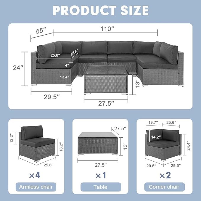 Betterland 7 Piece Outdoor Sectional Sofa Patio Furniture Set, All-Weather PE Grey Wicker Patio Conversation Set with Washable Cushion, Glass Table and Waterproof Cover(Grey Cushions)