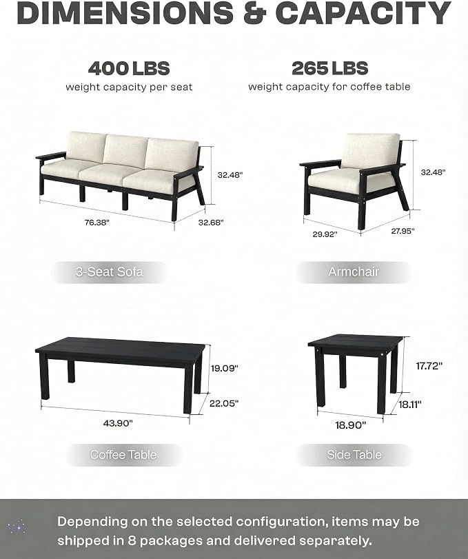 HDPE Patio Furniture Set 5 Seats with Cantilever Umbrella, Outdoor Couch with Washable Thick Beige Cushions & Tables, Outdoor Sectional Furniture for Deck, Lawn, Porch (Black Frame)
