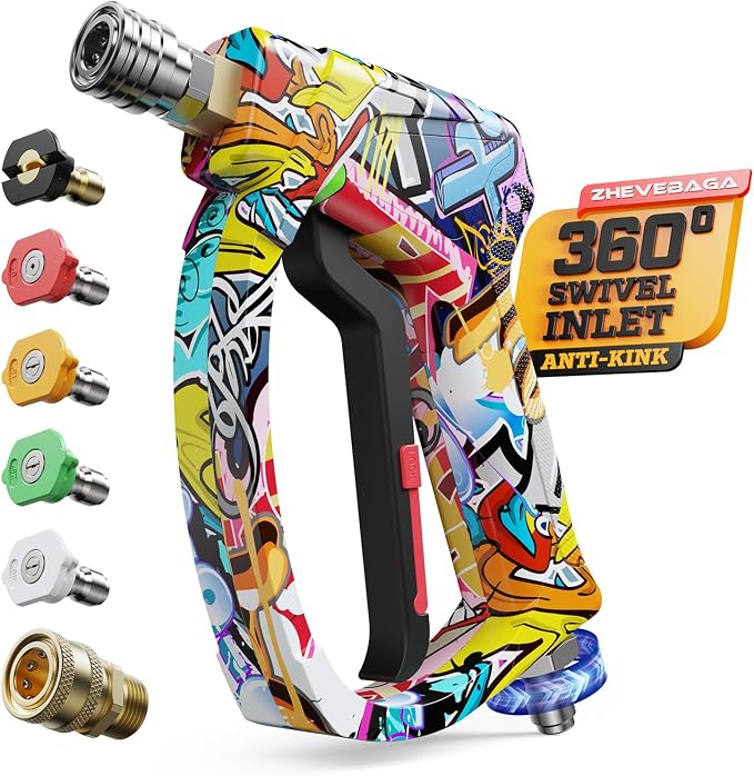 Short Pressure Washer Gun with Swivel 3/8" & M22-14mm Connect High Pressure Washer Handle with 5 Spray Nozzle, 1/4" Quick Connector Coupler Power Washer Gun Compatible with Foam Cannon